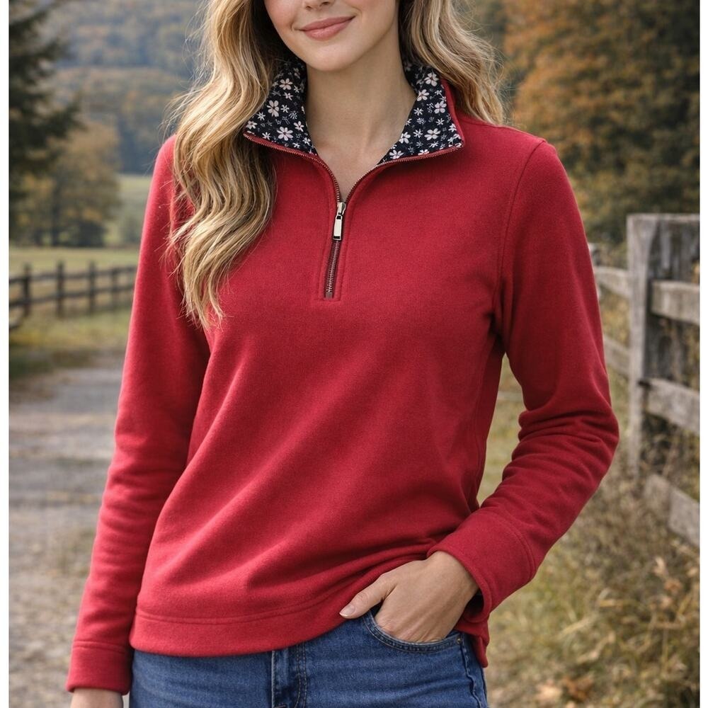 Orvis NWT Cottagecore Women's Red Quarter Zip Pullover Floral Collar Small